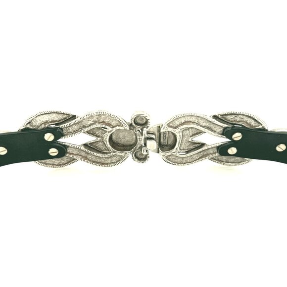 Chico’s Black Leather Belt M/L Silver Filigree Buckle Adjustable 27–43 Statement - Picture 2 of 5
